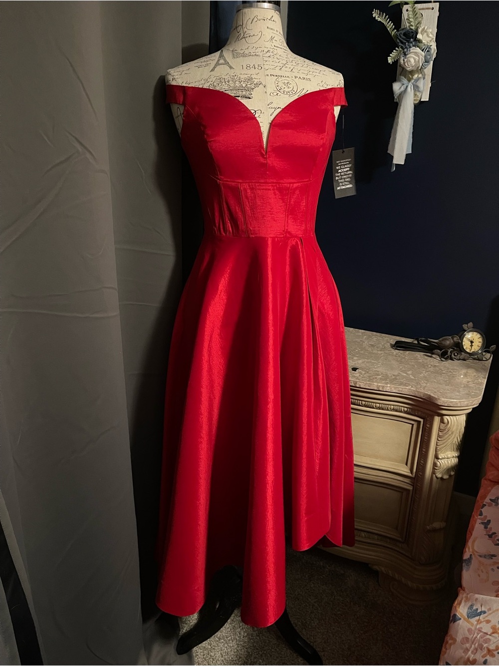 White House Black Market Off-Shoulder Red Midi Fit-&-Flare Dress